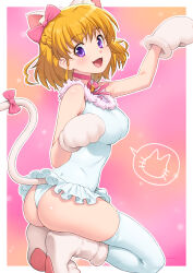 1girl absurdres animal_ears animal_hands asahina_mirai ass blonde_hair blue_thighhighs border bow braid breasts cat_ears cat_tail choker commentary fake_animal_ears fake_tail gloves gradient_background hair_bow highres kazuma_muramasa kneeling looking_at_viewer looking_back mahou_girls_precure! mahou_girls_precure!!_mirai_days medium_breasts open_mouth outline outside_border paw_gloves paw_shoes pink_background pink_bow pink_choker pink_shoes precure purple_eyes shoes short_hair smile solo tail thighhighs white_border white_outline white_thighhighs