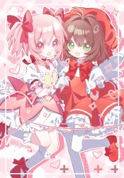 2girls :d absurdres ankle_bow ankle_ribbon antenna_hair arm_bow artist_name block_heels blush bow bowtie brown_hair buttons cardcaptor_sakura chest_jewel chinese_commentary choker collarbone colored_shadow commentary_request criss-cross_straps crossover curled_fingers double-parted_bangs drawn_heart drawn_star drawn_wings dress dress_bow drop_shadow feet_out_of_frame floating footwear_bow frilled_gloves frilled_socks frills gem gloves green_eyes hair_between_eyes hair_bow hair_intakes hat heart heart_of_string highres inset_border kaname_madoka kaname_madoka_(magical_girl) kinomoto_sakura kinomoto_sakura_(magician) kneehighs layered_dress leg_up legs_up looking_at_viewer magical_girl mahou_shoujo_madoka_magica mahou_shoujo_madoka_magica_(anime) mary_janes mob_cap multiple_girls open_mouth outline pink_background pink_bow pink_dress pink_eyes pink_gemstone pink_hair pink_ribbon pink_theme plaid_background puffy_short_sleeves puffy_sleeves red_bow red_bowtie red_choker red_dress red_hat red_ribbon red_shoes ribbon ribbon_choker roro_(lolo) shadow shirt shoes short_hair short_sleeves short_twintails side-by-side single_horizontal_stripe smile socks soul_gem standing standing_on_one_leg star_(symbol) thighhighs twintails two-tone_background two-tone_dress w white_background white_bow white_dress white_gloves white_outline white_petticoat white_shirt white_socks white_thighhighs white_wings wings wrist_bow wrist_ribbon x