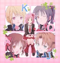 2girls 3boys black_hair blonde_hair border brown_eyes brown_hair closed_mouth clover crossdressing fujisaki_nadeshiko full_body green_eyes grey_background hano_luno high_ponytail highres hinamori_amu hotori_tadase looking_at_viewer multiple_boys multiple_girls one_eye_closed open_mouth orange_hair pink_border pink_hair ponytail red_eyes school_uniform short_hair shugo_chara! smile souma_kuukai sweatdrop yuiki_yaya