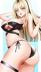 1girl absurdres aqua_eyes ass bikini black_hair black_nails blonde_hair breasts highres hololive hololive_dev_is koganei_niko long_hair multicolored_hair na_nu_017 navel open_mouth side-tie_bikini_bottom smile solo streaked_hair swimsuit thigh_strap virtual_youtuber