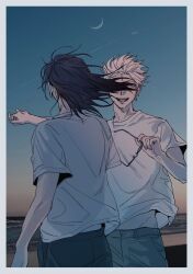 Rule 34 | 2boys, black hair, border, censored, censored identity, clear sky, crescent moon, denim, from behind, getou suguru, gojou satoru, grin, hair flowing over, highres, holding, holding hands, holding removed eyewear, horizon, jeans, jujutsu kaisen, male focus, midriff peek, moon, multiple boys, ntyk no, ocean, outstretched arm, pants, shirt, short hair, sky, smile, spiked hair, t-shirt, unworn eyewear, upper body, waves, white border, white hair, white shirt, wind, wind lift