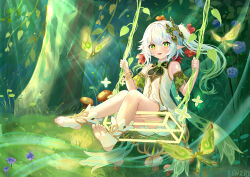 1girl absurdres bare_shoulders benzi_li bloomers bracelet cape chinese_commentary commentary_request cross-shaped_pupils crystalfly_(genshin_impact) dappled_sunlight day detached_sleeves dress full-body_tattoo genshin_impact gold_trim gradient_hair green_cape green_eyes green_hair green_sleeves hair_ornament highres jewelry long_hair looking_at_viewer multicolored_hair nahida_(genshin_impact) nature on_swing open_mouth outdoors pointy_ears side_ponytail sidelocks sitting sleeveless sleeveless_dress solo string sunlight swing symbol-shaped_pupils tattoo toes tree underwear white_bloomers white_dress white_hair