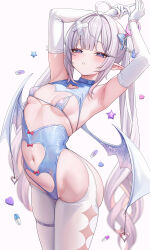 1girl abpart absurdres ahoge arched_back armpits arms_up bikini blue_eyes blue_leotard blush breast_cutout breasts clothing_cutout commentary_request cross_hair_ornament elbow_gloves gloves hair_ornament highleg highleg_leotard highres impossible_clothes leotard looking_at_viewer low_wings micro_bikini navel navel_cutout original pill pointy_ears simple_background single_handcuff skindentation small_breasts solo swimsuit thighs twintails white_background white_gloves white_hair white_wings wings
