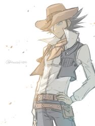 1boy arm_at_side bandage_over_one_eye bandana belt belt_pouch black_hair black_pants black_vest blue_eyes brown_belt brown_hat cowboy_hat cowboy_western dress_shirt facing_to_the_side hair_slicked_back hand_on_own_hip hat highres jim_crocodile_cook light_particles long_sideburns looking_ahead male_focus one_eye_covered open_clothes open_vest orange_bandana p1easurean999 pants popped_collar pouch shirt sideburns spiked_hair vest white_background white_shirt yu-gi-oh! yu-gi-oh!_gx