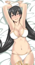 1girl :d absurdres araki_jeccy armpits bikini black_hair blush bracer breasts cleavage earrings fate/grand_order fate_(series) female_focus gluteal_fold highres jewelry large_breasts long_hair looking_at_viewer lying navel on_back open_mouth red_eyes smile solo sweatdrop swimsuit thighhighs very_long_hair white_bikini xuangzang_sanzang_(fate)