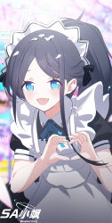 1girl :d absurdres apron aqua_eyes aqua_halo aris_(blue_archive) aris_(maid)_(blue_archive) artist_logo artist_name asymmetrical_sidelocks back_bow black_dress black_hair blue_archive blue_ribbon blurry blurry_background blurry_foreground blush bow bright_pupils chinese_commentary chromatic_aberration collared_dress commentary_request contrast_collar copyright_name depth_of_field dress eyes_visible_through_hair falling_petals frilled_apron frills hair_behind_ear halo hayate_(1034853996) heart heart_hands high_ponytail highres logo long_hair long_sidelocks looking_at_viewer maid maid_apron maid_headdress neck_ribbon no_wrist_cuffs official_alternate_costume official_alternate_hairstyle open_mouth outdoors own_hands_together parted_bangs petal_on_head petals pink_petals ponytail puffy_short_sleeves puffy_sleeves rectangular_halo ribbon ringed_eyes short_sleeves sidelocks smile solo upper_body very_long_hair white_apron white_bow white_headdress