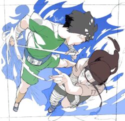 2boys bandages black_eyes black_hair black_shorts bob_cut brown_jacket byakugan full_body green_shirt green_shorts hyuuga_neji jacket konohagakure_symbol long_hair male_focus multiple_boys naruto_(classic) naruto_(series) ninja rock_lee sandals shirt short_hair short_sleeves shorts white_eyes zifletts