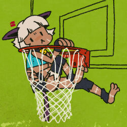 1girl :&lt; basketball_hoop bob_cut cat_girl chibi collar dark-skinned_female dark_skin detached_leggings fingerless_gloves gloves green_background minawa108 ms._fortune_(skullgirls) neck_bell net scar short_hair skullgirls solo white_hair