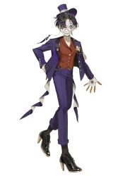 Rule 34 | 1girl, black hair, brain, colored inner hair, formal clothes, full body, glasses, hands up, hat, high heels, highres, looking at viewer, mole, mole under mouth, momomo 906, multicolored hair, orange hair, original, purple eyes, purple suit, red vest, short hair, sleeves past wrists, solo, standing, suit, sweater, top hat, turtleneck, turtleneck sweater, very short hair, vest, white background