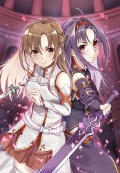 Rule 34 | 2girls, ahoge, armor, asuna (sao), bare shoulders, belt, blush, breastplate, brown eyes, brown hair, detached sleeves, fingerless gloves, gloves, hairband, highres, holding, holding sword, holding weapon, ke ruzu paint, leotard, long hair, looking at viewer, multiple girls, parted bangs, pleated skirt, purple gloves, purple hair, red eyes, red hairband, red skirt, skirt, smile, sword, sword art online, sword art online the movie: ordinal scale, weapon, white armor, white belt, yuuki (sao)