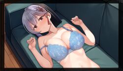 1girl ahoge akashiya_yuu bare_shoulders black_border black_hair blue_bra blunt_ends blush bob_cut border bra breasts cleavage closed_mouth collarbone couch crack_lack_good_luck floral_print floral_print_bra frown furrowed_brow game_cg grey_hair hair_between_eyes hair_ornament hands_up hashtag-only_commentary head_tilt highres indoors large_breasts lingerie looking_at_viewer lying medium_hair multicolored_hair official_art on_back on_couch original print_bra red_eyes rose_print shy skindentation solo split_mouth star_(symbol) star_hair_ornament strap_slip tassel tassel_hair_ornament tft_(tft7822) two-tone_hair underwear underwear_only upper_body w_arms wooden_floor
