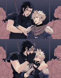 2boys 2others armor arms_around_neck black_gloves black_hair black_sweater blonde_hair blush buster_sword cloud_strife crisis_core_final_fantasy_vii crossed_arms final_fantasy final_fantasy_vii gloves highres ht8207 jacket male_focus multiple_boys multiple_others scarf sequential shinra_infantry shinra_infantry_uniform shoulder_armor sleeveless sleeveless_turtleneck smile spiked_hair sweater sword sword_on_back turtleneck turtleneck_sweater upper_body weapon weapon_on_back whispering zack_fair