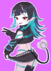 1girl asymmetrical_gloves black_gloves black_hair black_jacket black_skirt black_thighhighs blue_hair blue_panties blush clothes_pull clothing_cutout commentary_request cowboy_shot cropped_jacket demon_girl demon_horns demon_tail fang garter_straps gloves highleg highleg_panties highres horns jacket long_hair long_sleeves looking_at_viewer looking_back multicolored_hair nanashi_inc. open_mouth panties partially_fingerless_gloves pointy_ears pro55h purple_background red_eyes shishio_chris shishio_chris_(1st_costume) shoulder_cutout simple_background single_thighhigh skirt skirt_pull smile solo tail thighhighs two-tone_hair underwear v virtual_youtuber zipper_skirt