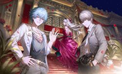 1girl 2boys absurdres alternate_costume back black_jacket black_necktie black_pants black_shirt blue_hair bow brant_(wuthering_waves) carlotta_(wuthering_waves) collared_shirt commentary dress elbow_gloves english_commentary gloves grey_hair hair_between_eyes hair_bow hand_in_pocket hand_on_own_hip highres isobe47 jacket long_hair looking_at_viewer male_rover_(wuthering_waves) multiple_boys necktie night night_sky pants pink_bow pink_dress pink_gloves purple_eyes rover_(wuthering_waves) shirt short_hair sky smile white_jacket white_pants white_shirt wuthering_waves
