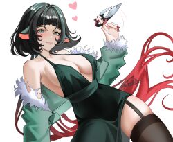 1girl alternate_costume animal_ears artist_name black_garter_straps black_hair black_thighhighs breasts commentary dress english_commentary evening_gown fur-trimmed_jacket fur_trim garter_straps green_dress green_eyes green_jacket heart highres holding holding_weapon jacket jane_doe_(zenless_zone_zero) large_breasts long_hair mouse_ears mouse_girl multicolored_hair red_hair red_nails simple_background smile solo thighhighs thighs two-tone_hair velmillix very_long_hair weapon white_background zenless_zone_zero
