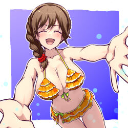 bikini blue_background blush braid breasts brown_hair cleavage closed_eyes collarbone commentary_request facing_viewer frilled_bikini frills front-tie_bikini_top front-tie_top hair_ornament hair_scrunchie highres hitofudegaki_usagi idolmaster idolmaster_cinderella_girls large_breasts long_braid navel open_mouth orange_bikini outstretched_arms polka_dot red_scrunchie scrunchie senkawa_chihiro skindentation stomach swimsuit white_background