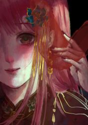 1girl absurdres aqua_flower black_background brown_eyes chinese_clothes chinese_commentary closed_mouth commentary_request earrings floral_print flower gold_earrings hair_flower hair_ornament hanfu happy highres jewelry light_blush lipstick long_hair long_sleeves looking_at_viewer makeup nail_polish nikki_(nikki) nikki_(series) pink_hair pink_lips red_hanfu red_nails red_veil sea0 shining_nikki simple_background smile solo upper_body veil