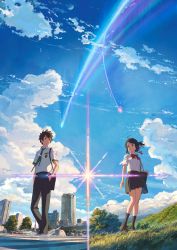 10s 1boy 1girl bag bare_legs belt billboard black_hair black_legwear black_skirt blue_eyes blue_sky bow bowtie braid bridge brown_eyes brown_hair building car cloud cloudy_sky collared_shirt cross crosswalk day diffraction_spikes eyelashes flag forest full_body grass hair_bun hair_ornament hair_ribbon hands_in_pockets highres key_visual kimi_no_na_wa. lamppost leaf lips long_hair looking_at_another looking_to_the_side meteor miyamizu_mitsuha motor_vehicle mountain nature necktie official_art open_mouth outdoors pedestrian_bridge plant pleated_skirt poster_(medium) power_lines promotional_art railing red_bow ribbon road road_sign school_bag school_uniform shade shinkai_makoto shirt shooting_star short_hair shoulder_bag shrine sign skirt sky socks stairs standing star_(sky) starry_sky street string striped_necktie striped_neckwear sunlight tachibana_taki tanaka_masayoshi taxi thighs tokyo_(city) tokyo_tower torii tower tree truck very_long_hair white_shirt window