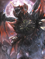 Rule 34 | absurdres, claws, crest, destoroyah, extra wings, full moon, g.n.a, giant, giant monster, godzilla (series), godzilla vs. destoroyah, highres, horns, kaiju, low wings, monster, moon, night, no humans, open mouth, pincers, red moon, roaring, single horn, tail, toho, tongue, wings