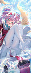 absurdres angel_wings aqua_bow aqua_bowtie aqua_eyes aqua_hair ass black_shoes blue_sky bow bowtie breasts bupa_chila commentary_request crotch_seam dress drill_hair hat highres honkai:_star_rail honkai_(series) hyacine_(honkai:_star_rail) multicolored_hair open_mouth pantyhose pink_hair red_dress red_hat shoes sky small_breasts soles solo toes twin_drills two-tone_hair unworn_shoes water white_pantyhose wings