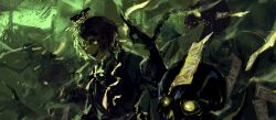 1boy absurdres commentary fingernails gloves glowing glowing_eyes headpiece highres limbus_company long_fingernails male_focus ofuda open_mouth orange_eyes orange_pupils project_moon ro_ka_ro_ka short_hair skeleton smile solo teeth undead upper_teeth_only xue_pan_(project_moon)