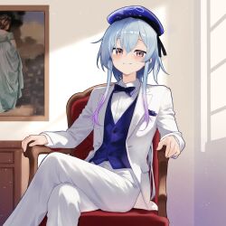 1boy absurdres arknights beret blazer blue_hair blush bow bowtie buttons chair closed_mouth collared_shirt commentary crossed_legs day dr.lamina dress_pants feet_out_of_frame formal_clothes hair_between_eyes hat highres indoors jacket lapels light_particles long_hair long_sleeves looking_at_viewer male_focus mizuki_(arknights) multicolored_hair on_chair painting_(object) pants picture_frame pink_eyes pink_hair purple_bow purple_bowtie purple_hat purple_vest shirt sitting smile solo streaked_hair symbol-only_commentary traditional_bowtie vest waistcoat white_jacket white_pants white_shirt