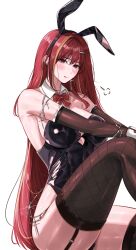 1girl akane_lize animal_ears bare_shoulders black_gloves black_leotard black_thighhighs blush bow bowtie bracelet breasts closed_mouth collar cross cross_earrings detached_collar ear_piercing earclip earrings elbow_gloves fake_animal_ears feet_out_of_frame fishnet_thighhighs fishnets garter_straps gloves grey_eyes hair_ornament hairclip hashtag-only_commentary highres jewelry katrinabluuuuu large_breasts leotard long_hair looking_at_viewer mole mole_under_eye multicolored_hair piercing playboy_bunny rabbit_ears red_bow red_bowtie red_hair sideboob simple_background sitting solo stellive streaked_hair thighhighs thighs virtual_youtuber white_background white_collar white_wrist_cuffs wrist_cuffs