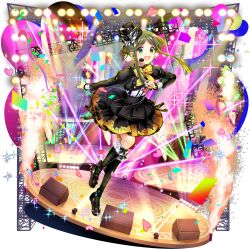 Rule 34 | 1girl, :d, alternate costume, alternate headwear, black hat, black shirt, black shoes, black skirt, black socks, bow, bowtie, confetti, full body, game cg, green eyes, green hair, hat, headset, heart, highres, jewelry, juliet sleeves, kneehighs, long hair, long sleeves, looking at viewer, magic circle, official art, open mouth, puffy sleeves, ring, rotte (1109), shirt, shoes, short hair with long locks, skirt, smile, socks, solo, sparkle, stage, stage lights, teireida mai, teireida mai (the all-too-dark backup dancers), third-party source, top hat, touhou, touhou lostword, transparent background, yellow bow, yellow bowtie