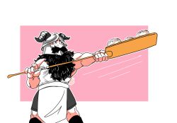 1boy apron bara beard bread cooking dungeon_meshi dwarf facial_hair fake_horns feet_out_of_frame food greyscale_with_colored_background helmet highres holding horned_helmet horns long_beard male_focus motion_lines muscular muscular_male mustache nekokat42 peel_(tool) pink_background senshi_(dungeon_meshi) solo speed_lines thick_mustache two-tone_background very_long_beard