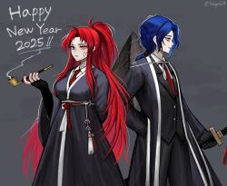 Rule 34 | 1boy, 1girl, absurdres, bamboo-hatted kim, bamboo-hatted kim (cosplay), black bridal gauntlets, black coat, black gloves, black kimono, black pants, black vest, blue hair, breasts, bridal gauntlets, chesed (project moon), coat, collared shirt, cosplay, gebura (project moon), gloves, grey background, grey eyes, happy new year, heterochromia, highres, holding, holding smoking pipe, holding sword, holding weapon, japanese clothes, kangrim39, kimono, large breasts, library of ruina, long hair, long sleeves, looking at viewer, necktie, new year, pants, parted bangs, ponytail, project moon, red hair, red nails, red necktie, red rope, rope, rope belt, scar, scar across eye, scar on face, shirt, simple background, smoking pipe, standing, sword, very long hair, vest, weapon, white shirt, yellow eyes