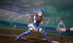 3girls baseball baseball_base baseball_cap baseball_glove baseball_helmet baseball_stadium baseball_uniform belt bike_shorts_under_skirt black_belt black_footwear black_gloves black_hat black_shorts black_undershirt blue_shirt blurry brown_hair catcher_(baseball) chain-link_fence chest_protector cinderella_series clenched_teeth cloud depth_of_field dutch_angle fence game_cg gloves grey_pants grey_sky hachigatsu_no_cinderella_nine hair_ribbon hat helmet highres long_hair multiple_girls non-web_source official_art orange_eyes outdoors pants playing_sports pleated_skirt rain ribbon satogahama_baseball_uniform shiina_yukari_(hachigatsu_no_cinderella_nine) shin_guards shirt shirt_under_shirt short_sleeves shorts skirt sky solo_focus sportswear standing striped_clothes striped_shirt teeth umpire v-shaped_eyebrows vertical-striped_clothes vertical-striped_shirt water_drop wet white_ribbon wristband