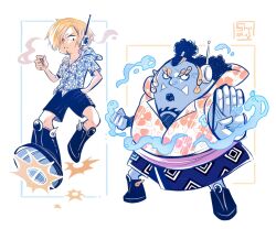 Rule 34 | 2boys, black hair, blonde hair, blue skin, boots, chest tattoo, cigarette, colored skin, commentary, curly eyebrows, english commentary, facial hair, goatee, half updo, hand in pocket, headphones, highres, holding, holding cigarette, jinbe (one piece), looking at viewer, looking to the side, male focus, multiple boys, one piece, sanji (one piece), shorts, shuravf, smoke, sun symbol, sun tattoo, tan, tattoo, tusks, water