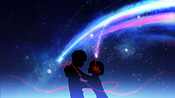 10s 1boy 1girl comet facing_another highres kimi_no_na_wa. miyamizu_mitsuha night night_sky short_hair silhouette sky star_(sky) starry_sky string string_of_fate tachibana_taki the_cold upper_body