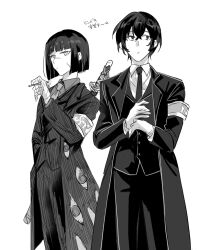 1boy 1girl :/ adjusting_clothes adjusting_gloves armband averting_eyes bandaged_hand bandages black_coat black_eyes black_hair black_vest bob_cut cigarette coat collared_shirt cowboy_shot double-parted_bangs e.g.o_(project_moon) eye_print facing_viewer gloves grey_armband greyscale hair_between_eyes holding holding_cigarette ko_bammm limbus_company looking_at_viewer monochrome project_moon red_eyes_(e.g.o) ryoshu_(project_moon) scar scar_on_face shirt short_hair simple_background solemn_lament_(e.g.o) translation_request vest white_background white_gloves white_shirt yi_sang_(project_moon)