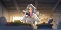 Rule 34 | 1girl, :d, alternate costume, alternate hairstyle, amenosaka nono, apron, cabbage, ceiling, cleaver, commentary, cooking, english commentary, food, game cg, glint, grey hair, highres, holding, holding cleaver, indoors, kamado, kappougi, kitchen, ladle, long hair, long sleeves, looking at viewer, official art, open mouth, ponytail, red eyes, sakata nemuno, sakata nemuno (small restaurant chef), smile, solo, third-party source, touhou, touhou lostword, wavy hair, window