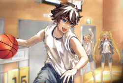 Rule 34 | &gt; &lt;, 1girl, 2boys, alternate costume, astolfo (fate), ball, basketball, basketball (object), black hair, blonde hair, blue eyes, blue shorts, bow, bradamante (fate), charlemagne (fate), closed eyes, fate/extra, fate/grand order, fate (series), hair bow, highres, hugudoku415, long hair, male focus, messy hair, multicolored hair, multiple boys, open mouth, pink hair, playing sports, shirt, short hair, shorts, smile, standing, streaked hair, teeth, twintails, waving, white hair, white shirt