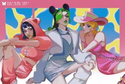 3girls absurdres adapted_costume alternate_costume animal_ears bear_ears black_hair blonde_hair blue_eyes bow braid breasts brown_eyes cleavage commentary cone_hair_bun cowboy_hat cropped_jacket double_bun dreadlocks dress english_text fake_animal_ears green_hair green_lips green_nails grey_dress hair_bun hand_on_own_knee hat higashikata_daiya highres hood hood_up jacket jojo_no_kimyou_na_bouken jojolion kuujou_jolyne leg_warmers long_sleeves looking_at_viewer lucy_steel makeup medium_breasts medium_hair midriff multicolored_hair multiple_girls nail_polish parted_lips pink_dress pink_hat pink_leg_warmers pink_lips pink_shirt pink_skirt reichio shirt short_dress short_hair single_braid sitting skirt steel_ball_run stone_ocean two-tone_hair white_jacket white_leg_warmers
