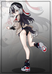 1girl :o absurdres animal_ears ass beret black_hair black_hat black_nails black_panties black_shoes black_socks blue_skirt brown_jacket commentary_request coralie_6626_planck coralie_6626_planck_(valkyrie_blastmetal) dog_ears dog_girl dog_tail from_behind grey_background grey_eyes grey_hair hair_between_eyes hat highres honkai_(series) honkai_impact_3rd jacket long_hair long_sleeves multicolored_hair nail_polish panties parted_lips puffy_long_sleeves puffy_sleeves shoe_soles shoes skirt small_sweatdrop socks solo standing standing_on_one_leg sweat tail two-tone_hair underwear very_long_hair xiaosa123 zoom_layer