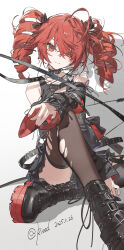 1girl absurdres ahoge arm_tattoo bare_shoulders black_boots black_shirt black_skirt black_thighhighs boots closed_mouth detached_sleeves drill_hair hair_between_eyes highres kasane_teto kieed leash long_hair looking_at_viewer red_eyes red_hair red_nails shirt sidelocks skirt smile tattoo thighhighs torn_clothes torn_thighhighs twin_drills utau