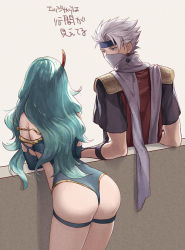 1boy 1girl ass detached_sleeves earrings edward_geraldine final_fantasy final_fantasy_iv final_fantasy_iv:_the_after_years green_hair green_leotard hair_ornament headband jewelry leotard long_hair mask mouth_mask ninja aged_up rydia_(ff4) sasanomesi simple_background thigh_strap white_hair