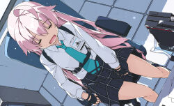 Rule 34 | 1girl, ahoge, aqua necktie, black gloves, blue archive, breasts, chair, closed eyes, collared shirt, fingerless gloves, gloves, highres, hoshino (blue archive), long hair, long sleeves, necktie, no halo, on chair, pink hair, pleated skirt, school uniform, shikei, shirt, sitting, skirt, sleeping, small breasts, solo, very long hair, white shirt