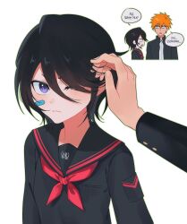 1boy 1girl absurdres bandaid bandaid_on_cheek bandaid_on_face black_hair black_jacket black_serafuku black_shirt bleach closed_mouth commentary gakuran green_outline gwao_(_ul_13) hair_over_one_eye hand_in_another&#039;s_hair highres jacket korean_commentary korean_text kuchiki_rukia kurosaki_ichigo light_blush long_sleeves neckerchief official_alternate_costume one_eye_closed orange_hair outline purple_eyes red_neckerchief sailor_collar school_uniform serafuku shirt short_hair small_sweatdrop speech_bubble spiked_hair translation_request white_background