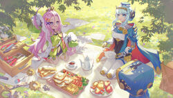 Rule 34 | 2girls, absurdres, ahoge, aino (genshin impact), android, aqinorz, artist name, bandages, birgitta (genshin impact), black tea, blue cape, blue eyes, blue hair, bread, cape, cup, food, fried egg, fruit, gears, genshin impact, hair ornament, hat, highres, holding, holding cup, holding plate, ineffa (genshin impact), long hair, long sleeves, meadow, mechanical arms, multiple girls, open mouth, outdoors, paper, picnic, pink hair, plate, robot girl, screwdriver, seiza, sidelocks, sitting, sleeves past fingers, sleeves past wrists, tea, teapot, teeth, upper teeth only, wrench, x hair ornament