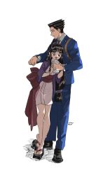 Rule 34 | 1boy, 1girl, ace attorney, badge, beads, black hair, black shoes, blue jacket, blue pants, buckle, button badge, checking watch, collared shirt, cup, drinking, drinking straw, expressionless, geta, hair beads, hair ornament, hanten (clothes), highres, holding, holding cup, jacket, japanese clothes, kimono, long hair, low-tied long hair, low-tied sidelocks, maya fey, necktie, obi, omen hohoho, open mouth, pants, phoenix wright, pink kimono, purple jacket, red necktie, red sash, ring hair ornament, sandals, sash, shirt, shoes, short hair, sidelocks, signature, spiked hair, topknot, watch, white background, white shirt, wristwatch, zouri