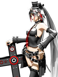 1girl 3d armpits belt bottomless breasts calne_ca_(deino) cross deino_(deino3330) female_focus fingernails hat highres isopod long_fingernails long_hair mini_hat mini_top_hat nato-kun navel no_panties o-ring o-ring_top original parted_lips red_eyes simple_background solo speaker thighhighs top_hat very_long_hair white_background