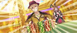 1boy 1girl animal_ear_hairband animal_ears black_pantyhose black_vest blonde_hair bow bowtie breasts brown_eyes brown_hair casino cleavage coat coat_on_shoulders collarbone detached_collar dust_(konosuba) evil_grin evil_smile fake_animal_ears fishnet_pantyhose fishnets flying_sweatdrops game_cg grin hair_over_one_eye hairband hat highres indoors jacket jewelry kono_subarashii_sekai_ni_shukufuku_wo! konosuba!_fantastic_days large_breasts leotard long_hair looking_at_another mole mole_under_eye official_alternate_costume official_art one_eye_covered open_mouth pantyhose pendant playboy_bunny poker_chip rabbit_ear_hairband rabbit_ears red_bow red_bowtie red_coat red_eyes red_hat red_leotard shaded_face short_hair sidelocks smile v-shaped_eyebrows vest waistcoat wavy_hair white_wrist_cuffs wiz_(konosuba) wrist_cuffs yellow_jacket