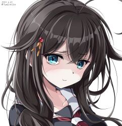 1girl black_serafuku black_shirt blue_eyes commentary_request dated hair_down hair_flaps hair_over_shoulder kantai_collection looking_at_viewer neckerchief red_neckerchief sailor_collar school_uniform serafuku shigure_(kancolle) shigure_kai_ni_(kancolle) shirt simple_background smile solo toms twitter_username upper_body white_background white_sailor_collar