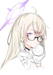 1girl absurdres ahoge black-framed_eyewear black_choker blonde_hair blue_archive blush choker collared_shirt glasses halo hand_up headphones headphones_around_neck highres holding holding_headphones kotama_(blue_archive) long_sleeves looking_at_viewer necktie parted_lips partially_colored portrait purple_eyes purple_halo semi-rimless_eyewear shirt solo under-rim_eyewear we_usagi