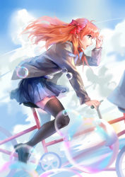 1girl bad_id bad_pixiv_id black_footwear black_thighhighs blazer blue_skirt bow brown_eyes brown_hair bubble cloud day floating_hair from_side gekkan_shoujo_nozaki-kun hair_bow highres jacket loafers long_hair miniskirt nianbingzi open_clothes open_jacket open_mouth outdoors pleated_skirt red_bow riding sakura_chiyo shoes skirt thighhighs zettai_ryouiki