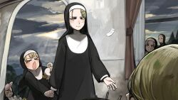 &gt;_&lt; 6+girls :&lt; :o bird blonde_hair blue_eyes brown_hair chicken cloud cloudy_sky clumsy_nun_(diva) commentary diva_(hyxpk) duck duckling english_commentary feathers frog_headband froggy_nun_(diva) grey_hair highres la_chancla light_rays little_nuns_(diva) mole mole_on_cheek mole_under_mouth multiple_girls nun sky slippers smug_nun_(diva) star_nun_(diva) star_ornament strict_nun&#039;s_mother_(diva) strict_nun_(diva) sunbeam sunlight traditional_nun